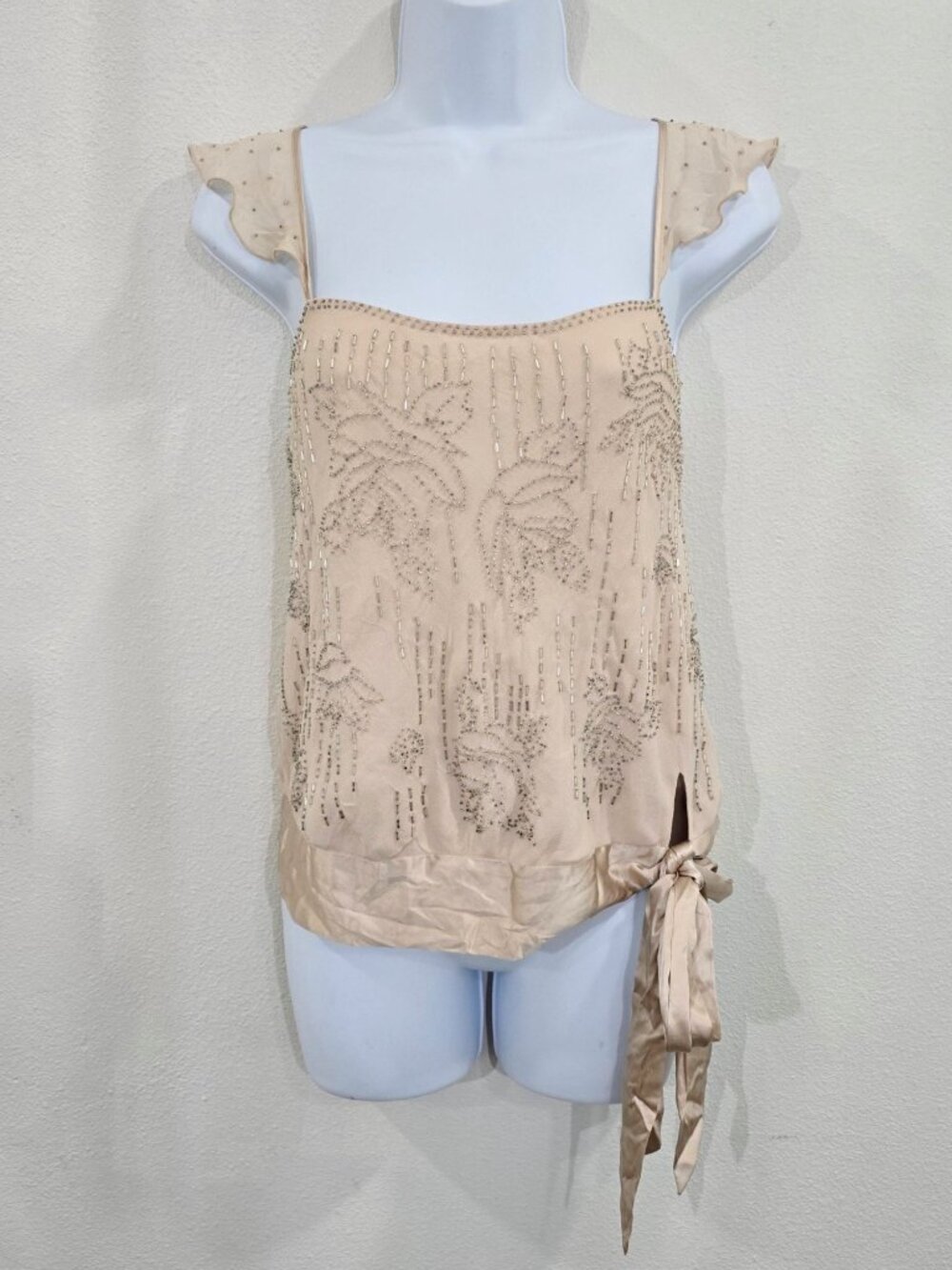 Express ✦ Silk Ruffle Sleeve Blouse ✦ Side Tie Beaded Embellished Floral XS - Picture 2 of 11
